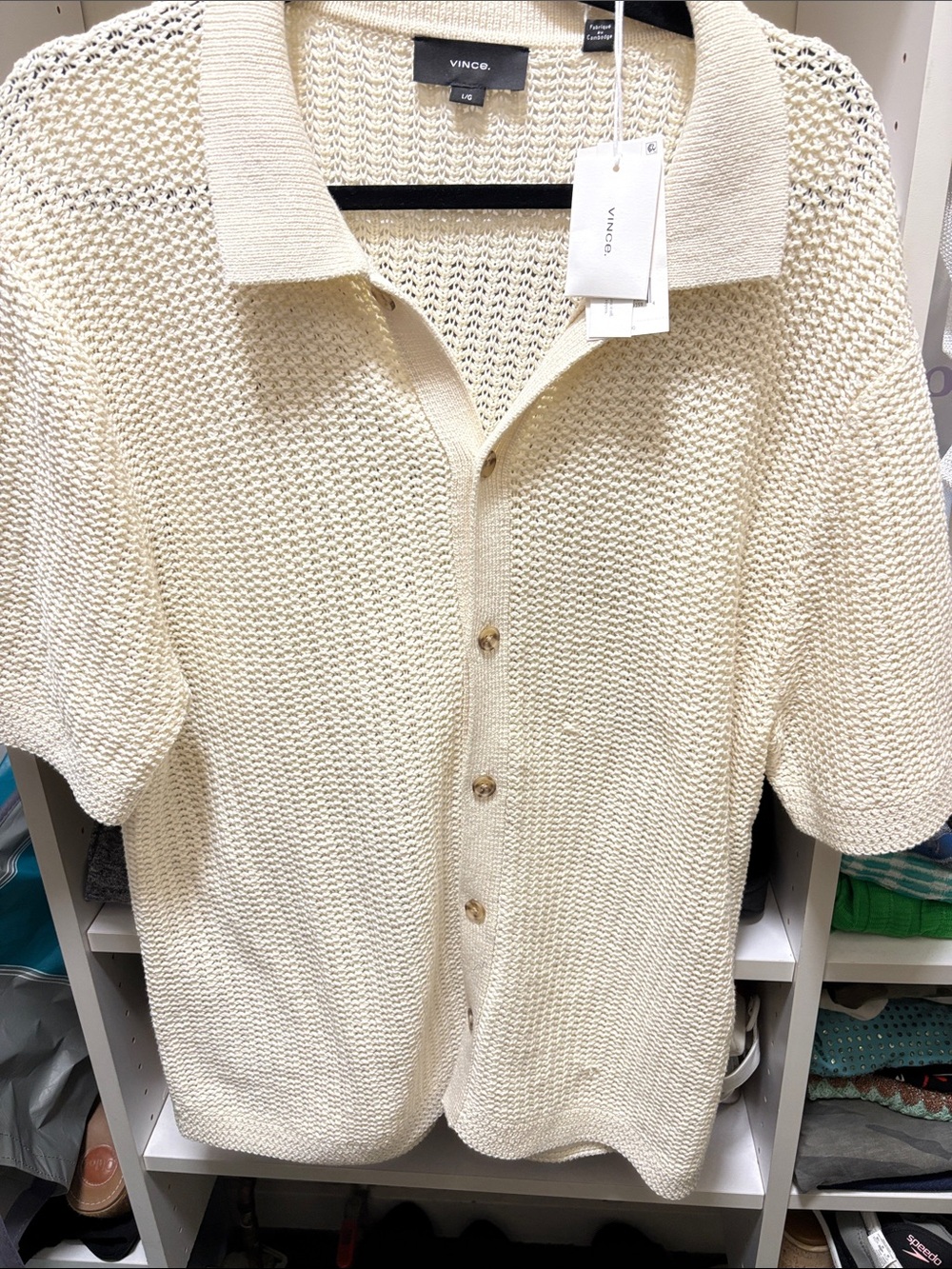 Vince Cream Short-Sleeve Knit Button-Down Shirt